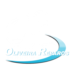 Logotipo Oliveira Reparos branco com fundo transparente, ilustração de um profissional com ferramentas de reparo realizando seu trabalho com nome da empresa escrito em caixa alta.